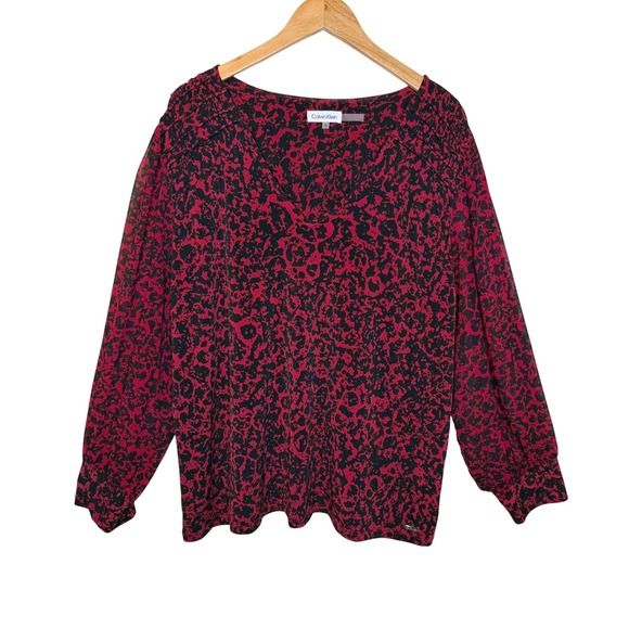 Calvin Klein Tops - Calvin Klein 1X Red Black Abstract Animal Print V-Neck Smocked Office Blouse Top
